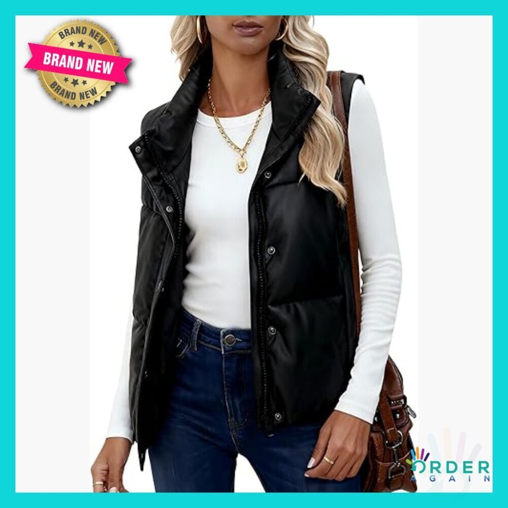 PU Leather Cropped Puffer Vest Faux Leather Zip Up Sleeveless Jacket Chic